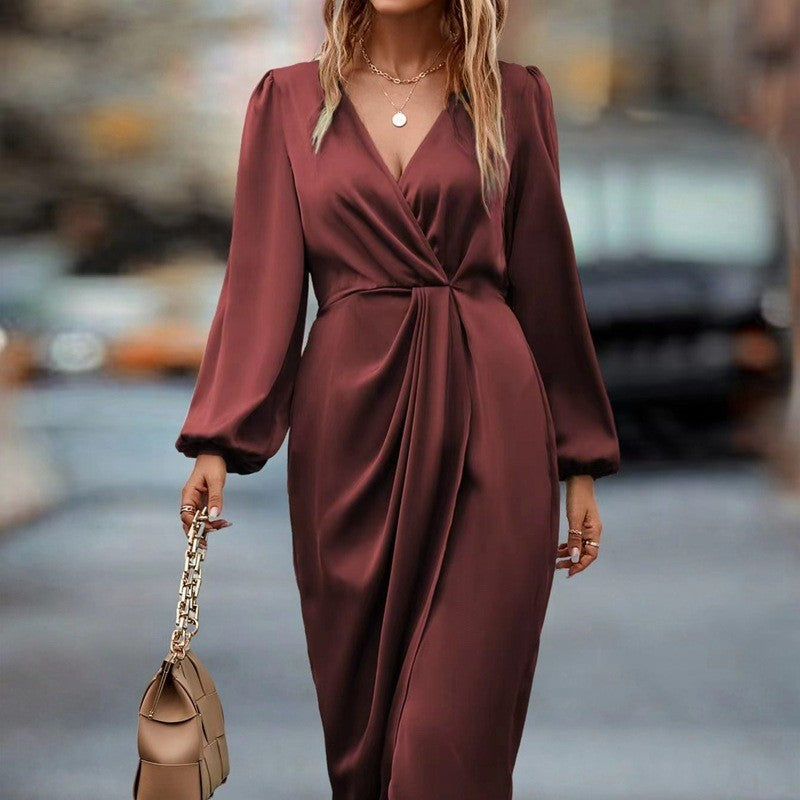 Pure Color Waist-tight Split V-neck Dress Women