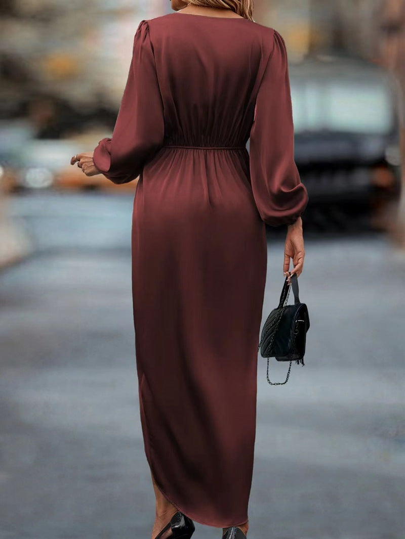 Pure Color Waist-tight Split V-neck Dress Women