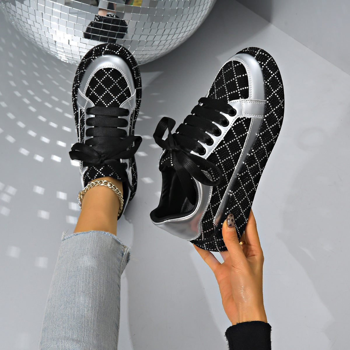 Fashion Thick-soled Lace-up Rhinestone Shoes for Women