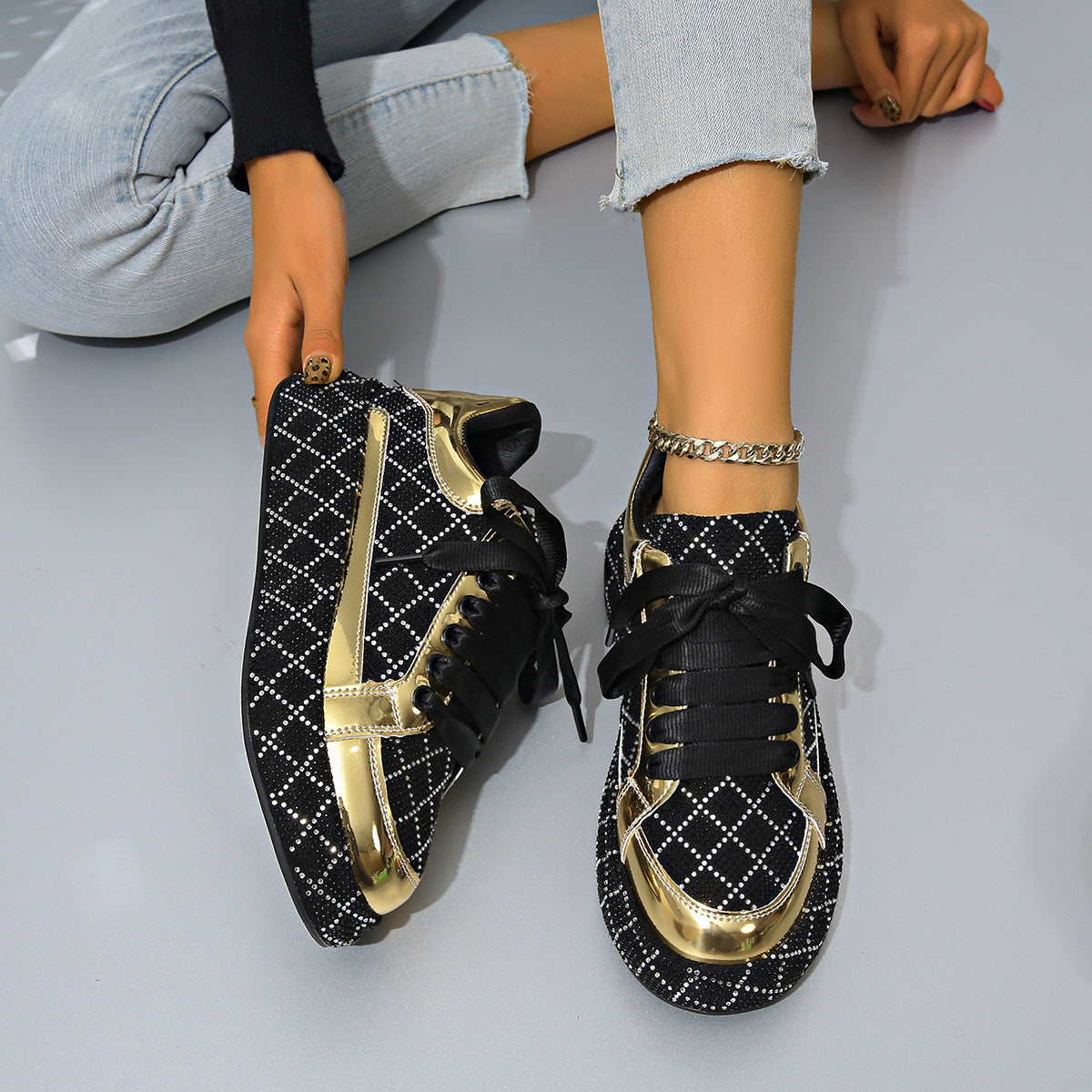 Fashion Thick-soled Lace-up Rhinestone Shoes for Women