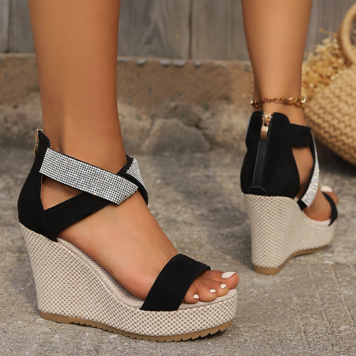Fish Mouth Rhinestone Design Platform Wedges For Women