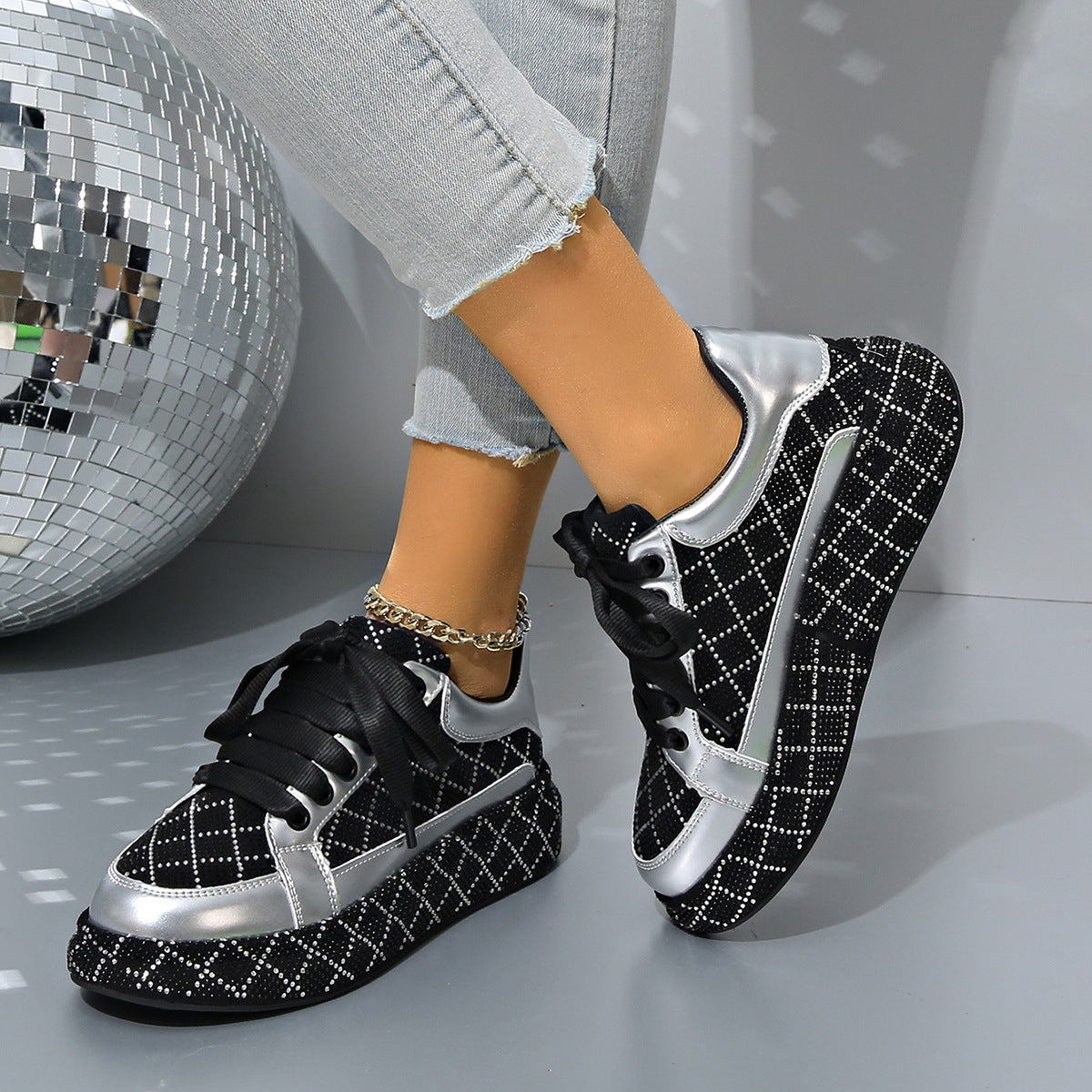 Fashion Thick-soled Lace-up Rhinestone Shoes for Women